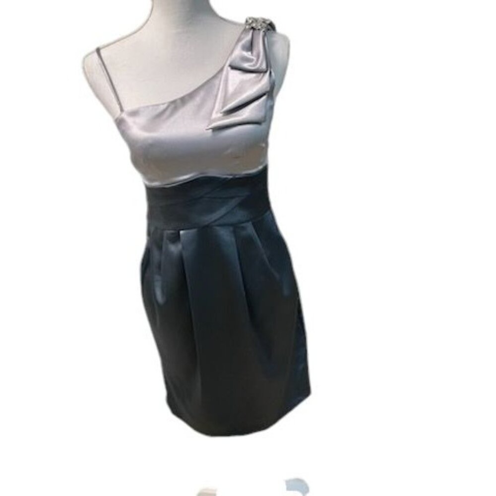 Teeze Me Womens One Shoulder Mini Dress Satin Rhinestone Dark Gray and Silver